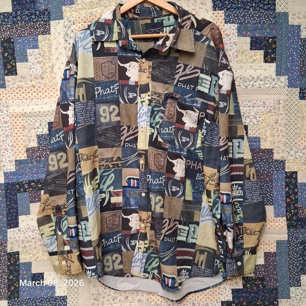 Vintage Phat Farm Long Sleeve All Over Patchwork Graphic Shirt Size XXL